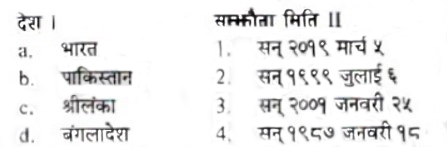 तल दिइएका नेपालसंग  दोहोरो कर मुक्ति सम्झौता भएका देश समूह I र सम्झौता भएको मिति समूह II  बिच जोडा मिलाउनुहोस् र सहि कोड छान्नुहोस् ?