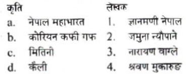 तल दिइएका कृति र लेखकहरु बिच जोडा मिलाई उपयुक्त  कोडबाट सही उत्तर छान्नुहोस् ।\r\n